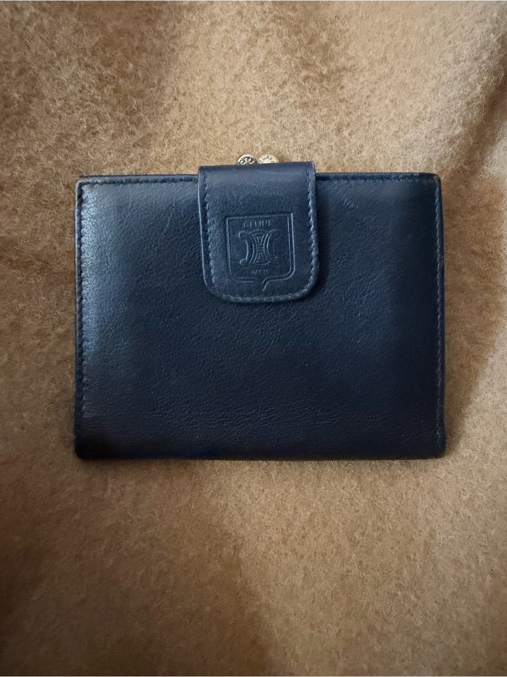 Celine Black Leather Compact Bifold Wallet with Embossed Logo